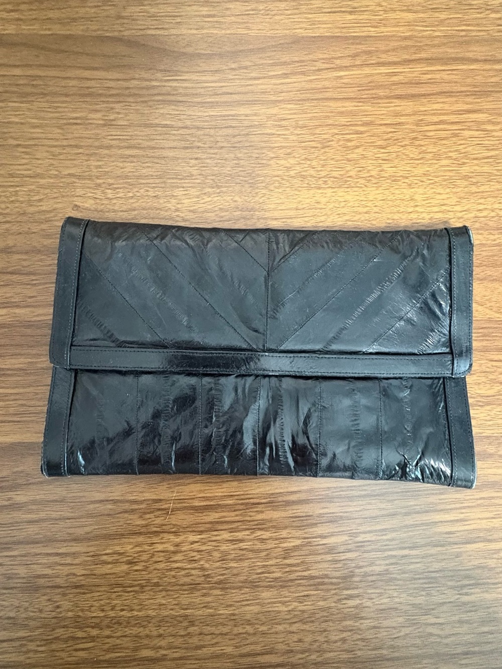 Vintage Eel Skin Glossy Black Fold-Over Clutch